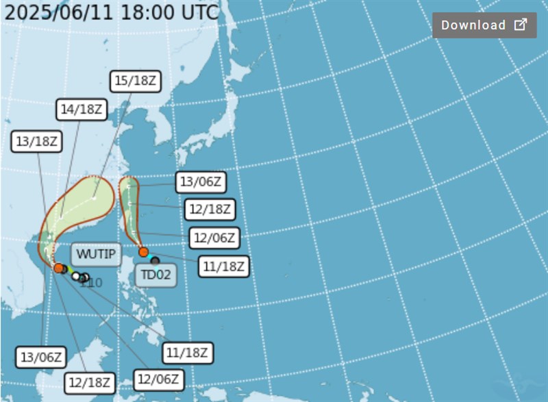 A tropical storm and a tropical depression near Taiwan will bring unstable weather, with the south and east seeing the heaviest rain. (Screen grab of Central Weather Administration website)
