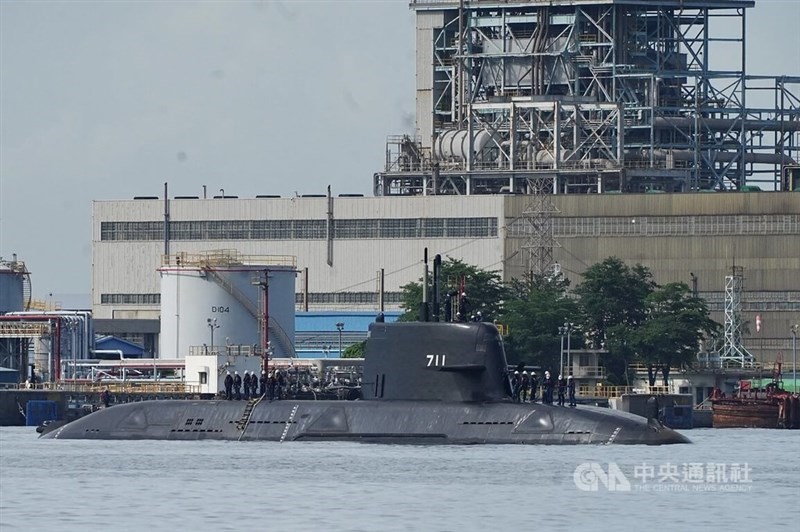 The Narwhal, Taiwan's first indigenous defense submarine, sails out of the Port of Kaohsiung for sea trials on Tuesday. CNA photo June 17, 2025