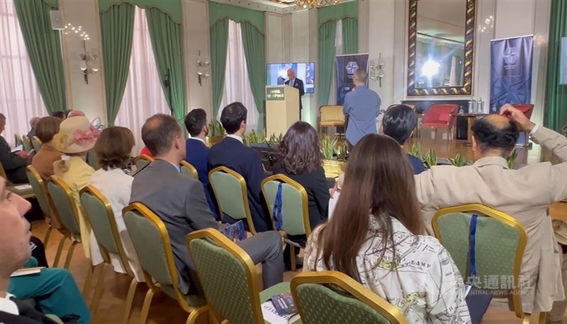 NATO Defense College Foundation President Alessandro Minuto Rizzo speaks from the podium at "Indo-Pacific 2025: Prevention and Dialogue" in Rome Tuesday. CNA photo June 18, 2025