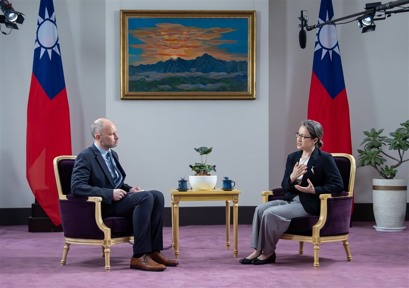Vice President Hsiao Bi-khim (right) is seen during an interview with the Norwegian Broadcasting Corporation on Wednesday. Photo courtesy of the Presidential Office