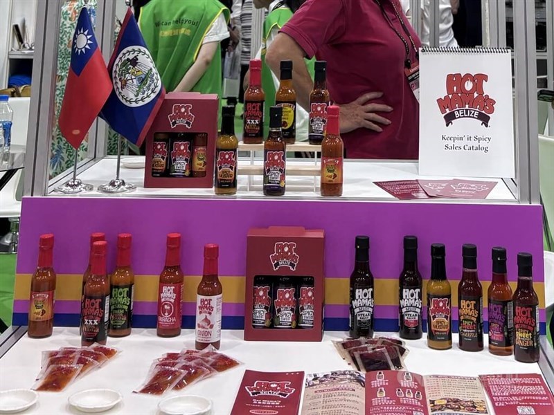 Belize's chili sauce brand Hot Mama's Belize is showcased in this photo taken Wednesday at the Latin America Pavilion of the Food Taipei Mega Shows. CNA photo June 25, 2025