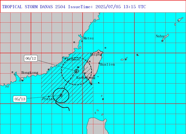 The Central Weather Administration issues a land warning for Tropical Storm Danas on Saturday night. (CWA website)