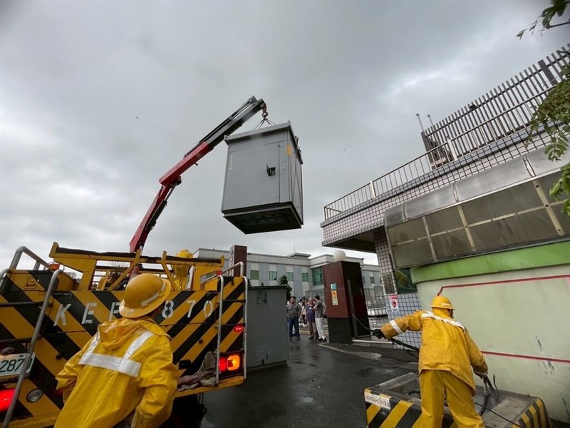 Technicians from Taipower work to restore electricity after a power outage caused by Typhoon Danas, with more than 50,000 households still without power. Photo courtesy of Taipower July 9, 2025