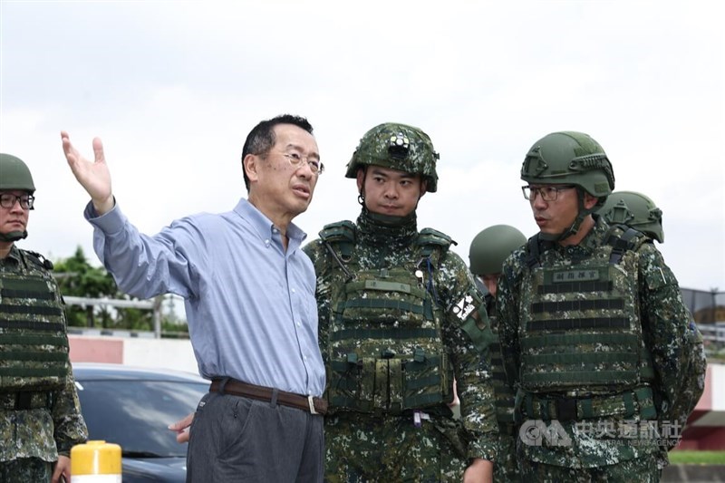 Defense Minister Wellington Koo (second left) inspects a drill featuring United States-imported Patriot Advanced Capability-2 (PAC-2) and PAC-3 air defense missile systems in a Taipei riverside park on Sunday morning. CNA photo July 13, 2025