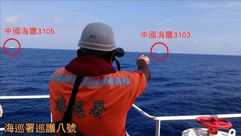 Taiwan's Coast Guard Administration finds two Chinese coast guard ships that had intruded into Taiwan-controlled waters off Dongsha Island in the South China Sea on Wednesday. Photo courtesy of CGA Dongsha-Nansha Branch July 16, 2025