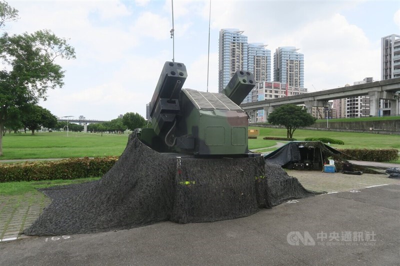Ground force troops position an Army Avenger missile system battery on a river bank near New Taipei Metropolitan Park on Wednesday. CNA photo July 16, 2025