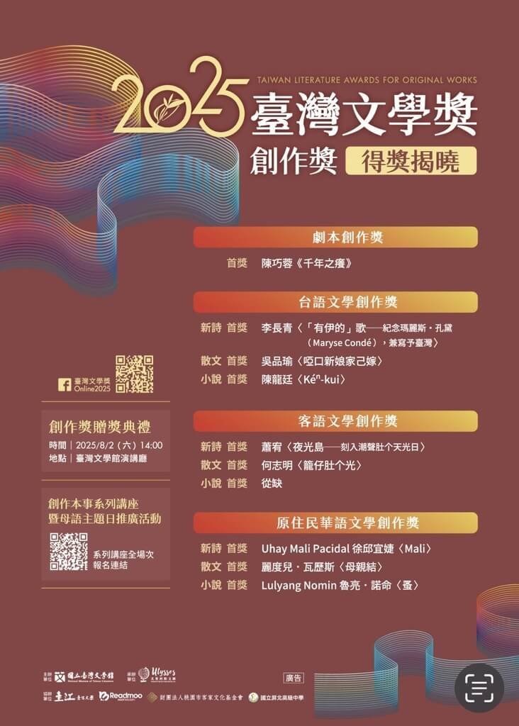 2025 Taiwan Literature Awards unveils award winners on Wednesday. Photo courtesy of the National Museum of Taiwan Literature July 16, 2025