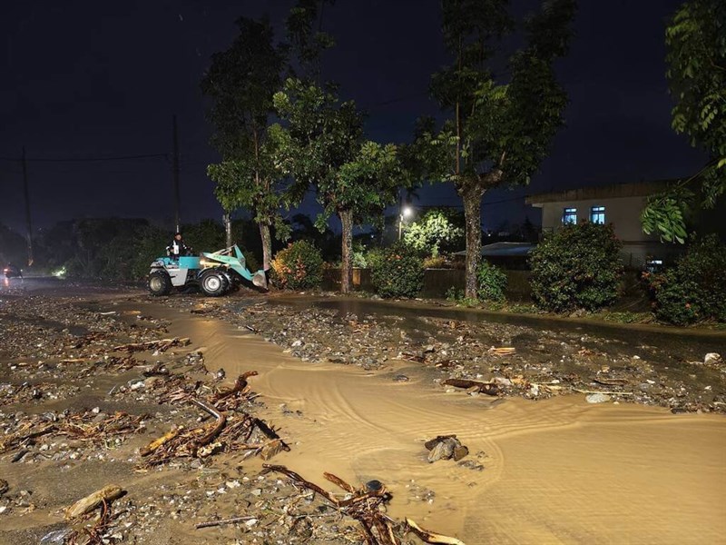 A section of road is hit by a mudslide in Hualien's Yuli Township on Saturday night. Photo courtesy of the Yuli Township Office July 20, 2025