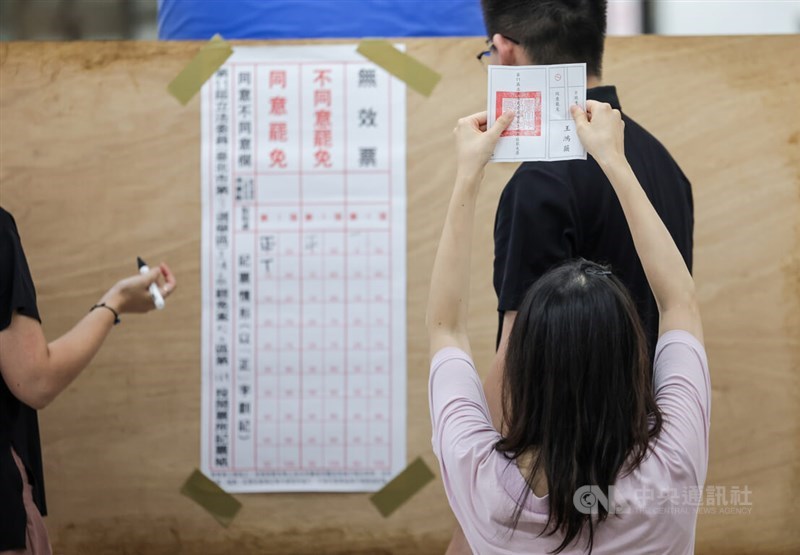 Vote counting ongoing for recall election in a polling station in Taipei. CNA photo July 26, 2025