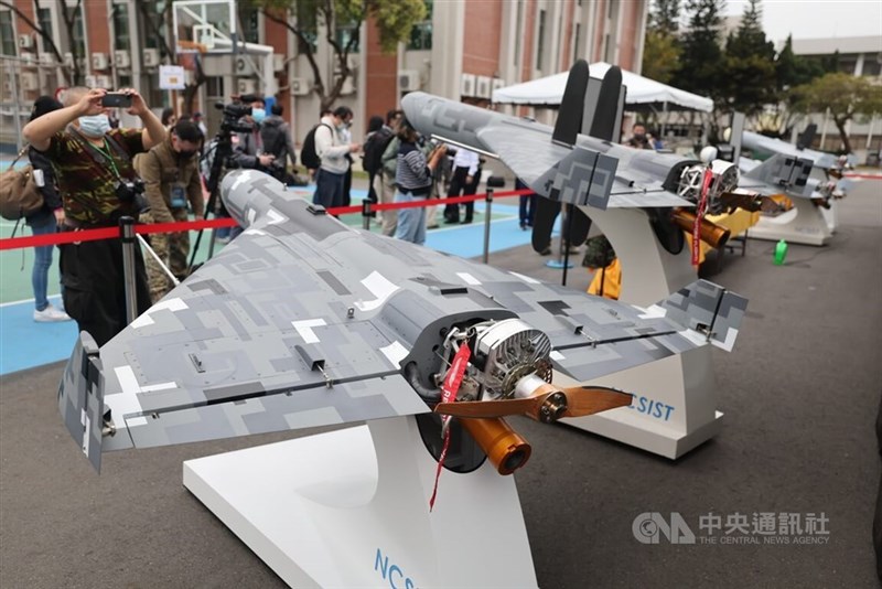 Military-use made-in-Taiwan drones are displayed at an exhibition in this CNA file photo