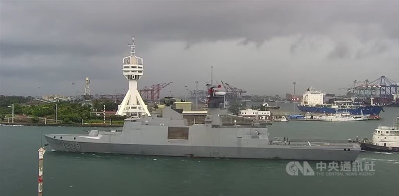 The Taiwan Navy's Kang Ding-class frigate is seen on this screenshot from the live cam of the Kaohsiung Port Second Harbor on July 28, 2025