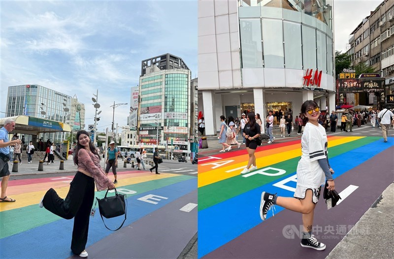 Mitzia Perez recreates her old “Rainbow Six” photo on the left taken awhile ago in a new shot in the right after the destination was repainted and the words "Taipei" reoriented. File photo courtesy of Mitzia Perez and CNA photo Aug. 9, 2025