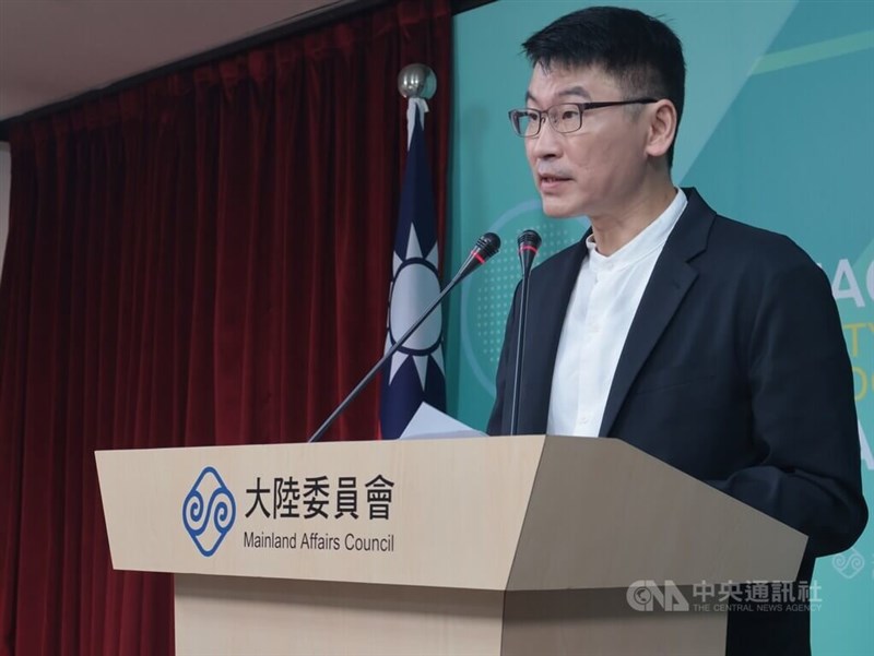 MAC deputy head Liang Wen-chieh speaks at a regular news briefing on Thursday. CNA photo Aug. 14, 2025