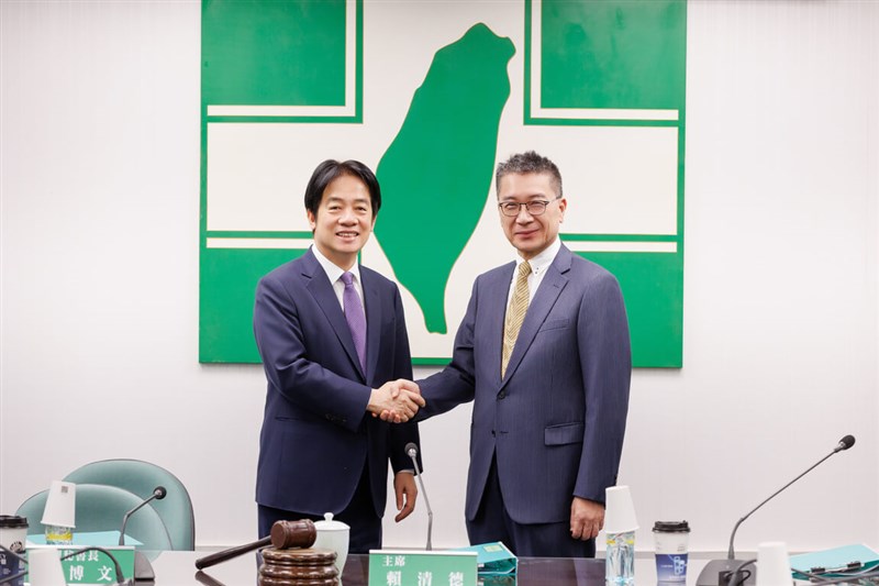 President Lai Ching-te (left), also chairman of the Democratic Progressive Party, shake hands with the newly-appointed party secretary-general Hsu Kuo-yung during a party Central Standing Committee meeting in Taipei on Wednesday. Photo courtesy of the Democratic Progressive Party Aug. 20, 2025