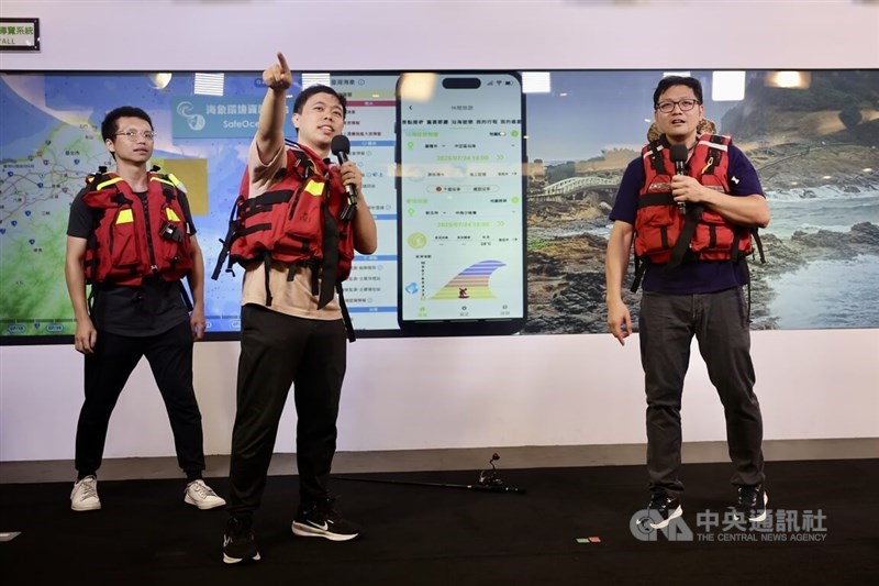 Central Weather Administration staff stage a short skit at a press event in Taipei on Wednesday. CNA photo Aug. 20, 2025 