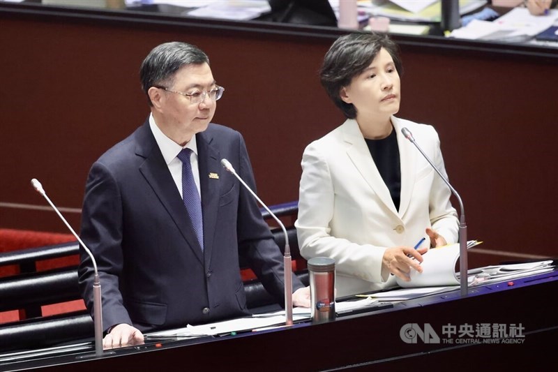 Taiwan's Premier Cho Jung-tai (left) and Vice Premier Cheng Li-chiun at the Legislative Yuan in Taipei on Monday. CNA photo Aug. 25, 2025