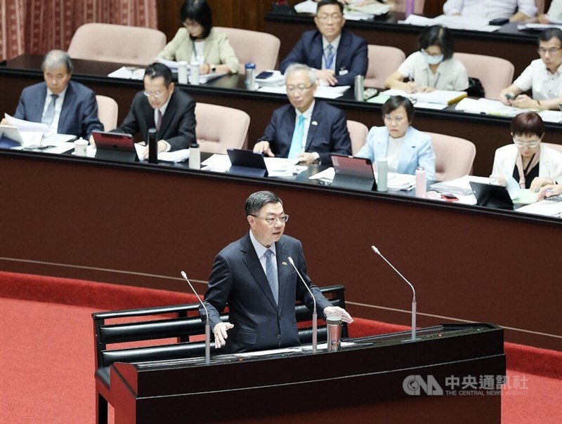 Premier Cho Jung-tai speaks at the Legislative Yuan in Taipei on Tuesday. CNA photo Aug. 26, 2025