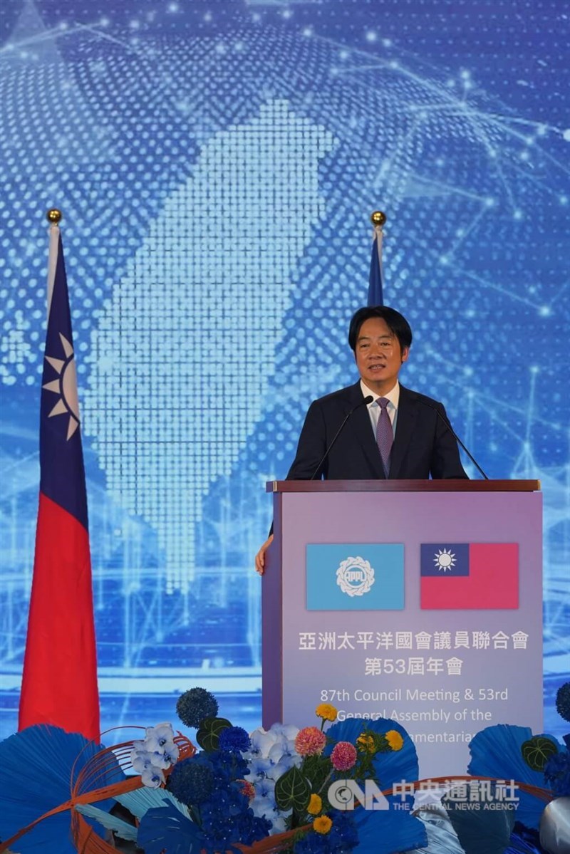 President Lai Ching-te delivers a speech during the 2025 General Assembly of the Asian-Pacific Parliamentarians' Union (APPU) in Taipei on Thursday. CNA photo Aug. 28, 2025