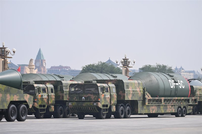 Dongfeng 5 missiles pass through Tiananmen Square during the Sept. 3 ceremony in Beijing. Photo courtesy of China News Service Sept. 3, 2025