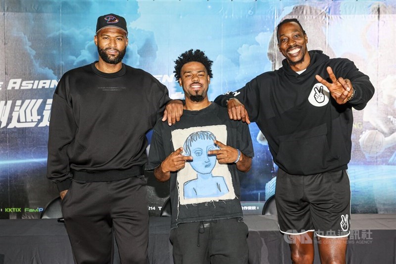 From left, former NBA players DeMarcus Cousins, Quinn Cook and Dwight Howard promote The Asian Tournament in late July 2025 ahead of the league’s first games in Taipei. CNA file photo