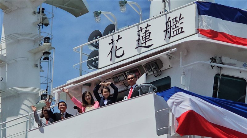 Vice President Hsiao Bi-khim (second right) and Coast Guard Administration Minister Kuan Bi-ling (third right) aboard the "Hualien" at the CSBS Corp., Taiwan's Keelung shipyard on Monday. CNA photo Sept. 8, 2025