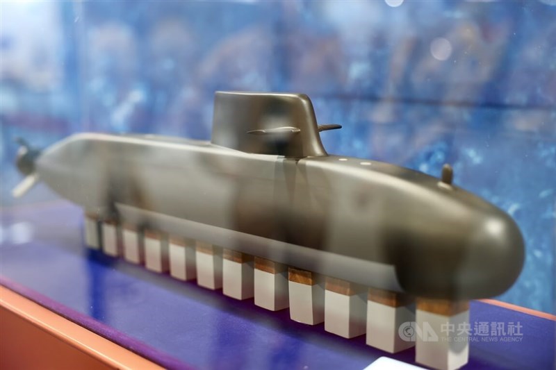 The exhibition also features a model of Taiwan’s first indigenous defense submarine, Hai Kun, in Taipei on Wednesday. CNA photo Sept. 17, 2025