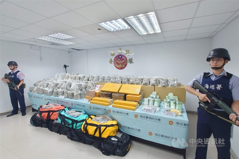 The Coast Guard Administration displays the evidence from a drug bust earlier this month on Monday where more than 700 kilograms of narcotics were uncovered. CNA photo Sept. 22, 2025
