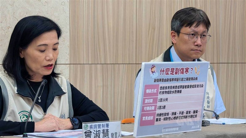 Taiwan CDC epidemic prevention physician Lin Yung-ching (right) explains the first domestic case of paratyphoid fever reported this year at a press briefing on Tuesday. CNA photo Sept. 23, 2025