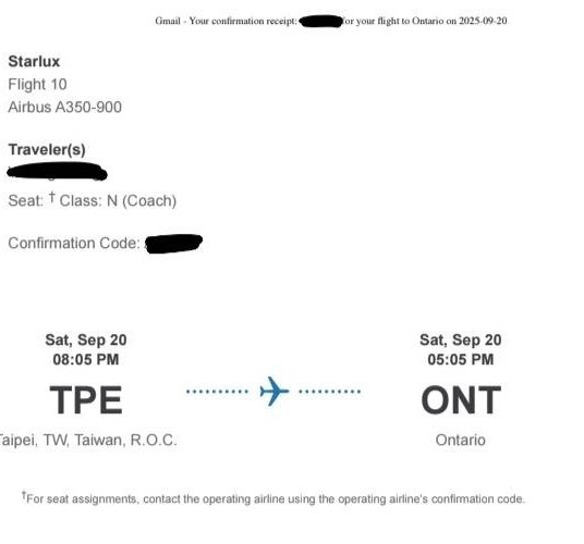 A flight ticket that took Richard, a Taiwanese data engineer, from Taiwan to Ontario International Airport (ONT) on Sept. 20. Photo courtesy of a private contributor