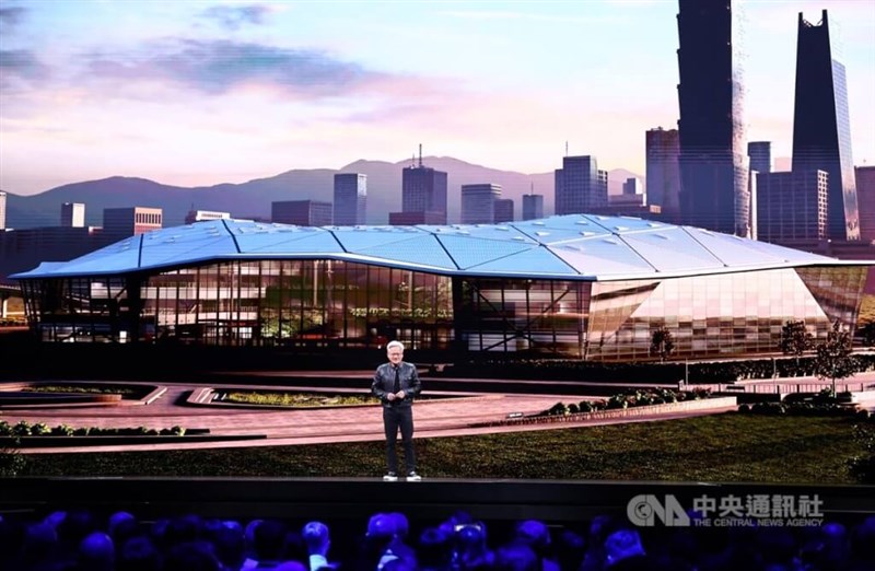 Nvidia CEO Jensen Huang speaks at COMPUTEX in May, announcing plans to build a new Nvidia headquarters, called Nvidia Constellation, at Taipei’s Beitou-Shilin Science Park. CNA file photo