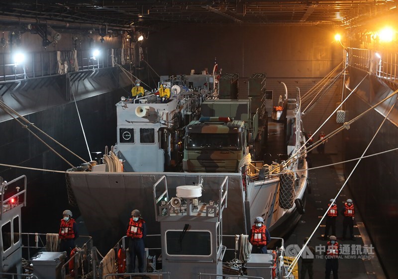 Hsiung Feng II missile launcher and the missile vehicle are loaded onto a military vessel for a drill in this CNA file photo for illustrative purpose