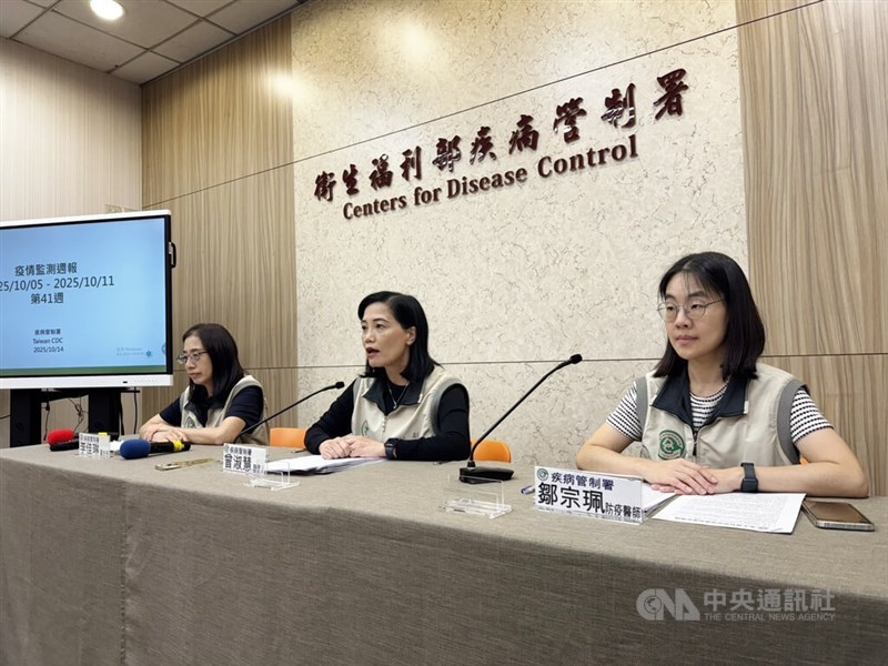 CDC spokesperson Tseng Shu-hui (center) speaks in a press event in Taipei on Tuesday. CNA photo Sept. 14, 2025