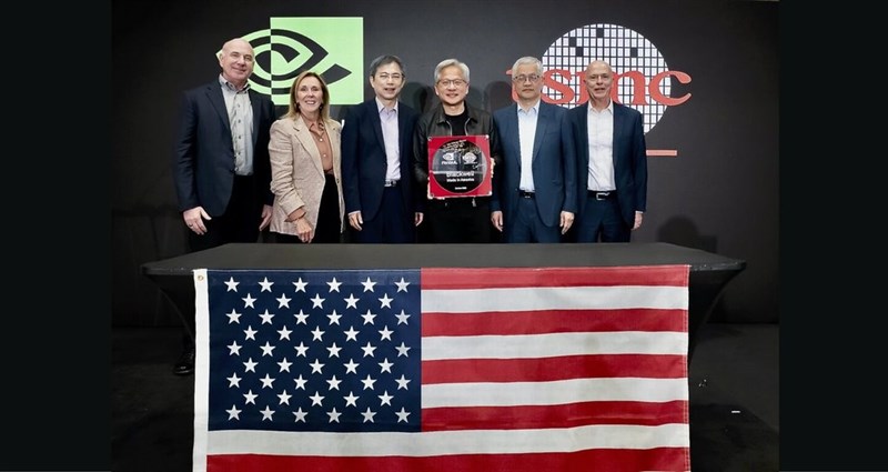 Nvidia CEO and founder Jensen Huang (third right) shows off its first Blackwell wafer produced on U.S. soil on Friday. Photo courtesy of Nvidia