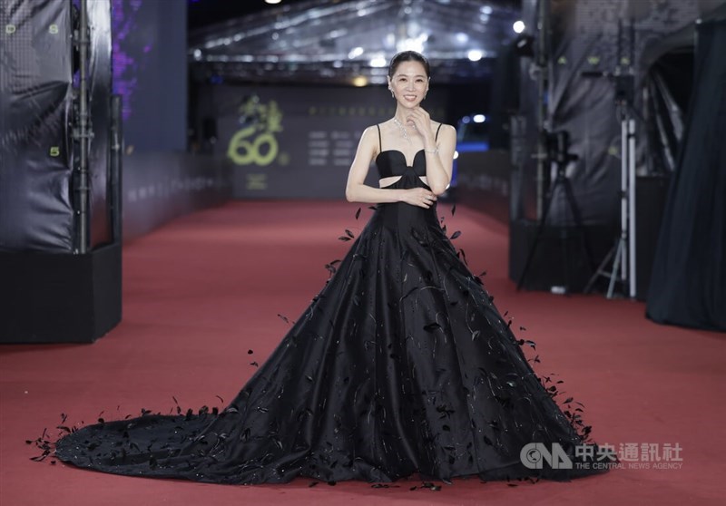 Hsieh Ying-xuan shows on the red carpet in a black gown in Taipei on Saturday. CNA photo Oct. 18, 2025