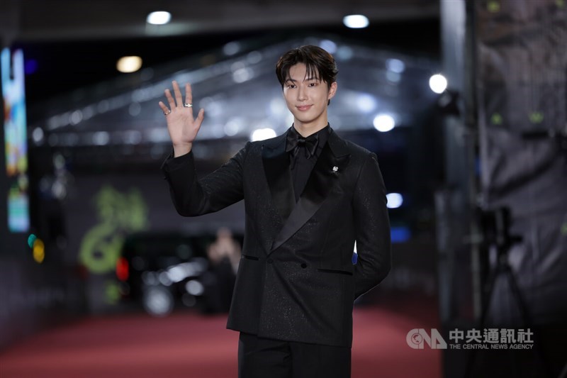Actor Jin Yun, nominated for Best Newcomer in a Television Series, poses on the red carpet in Taipei on Saturday. CNA photo Oct. 18, 2025