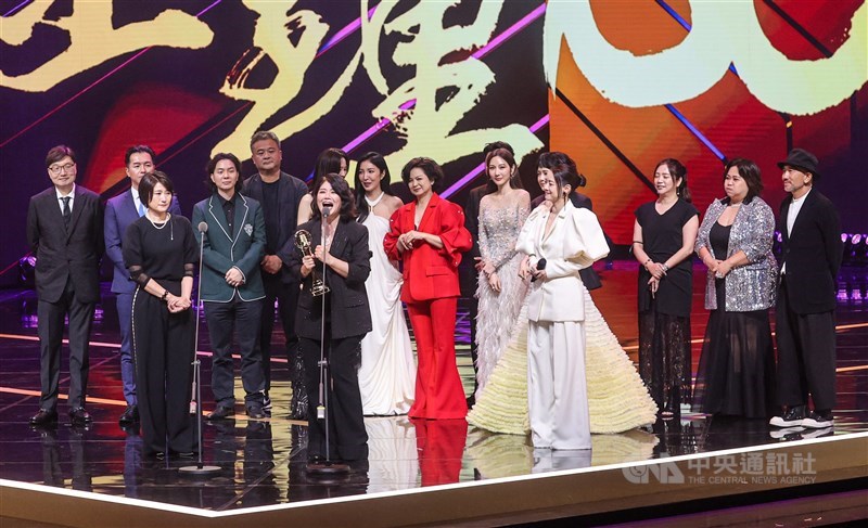 The cast and crew of "Born for the Spotlight" step onto the stage to accept the Best Television Series award in Taipei on Saturday. CNA photo Oct. 18, 2025