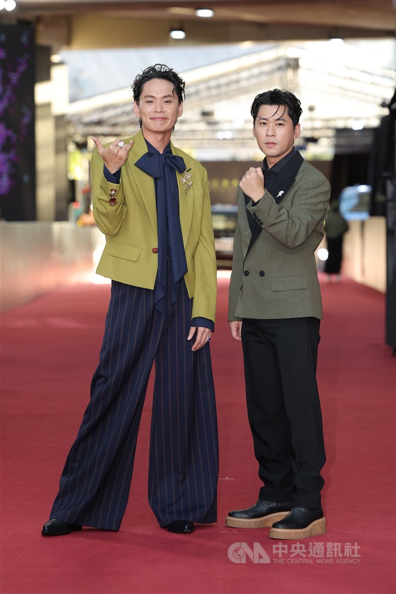 Huang Di-yang(right) and Brando Huang (left) attend the Golden Bell Awards red carpet as hosts of the ceremony in Taipei on Saturday. CNA photo Oct. 18, 2025
