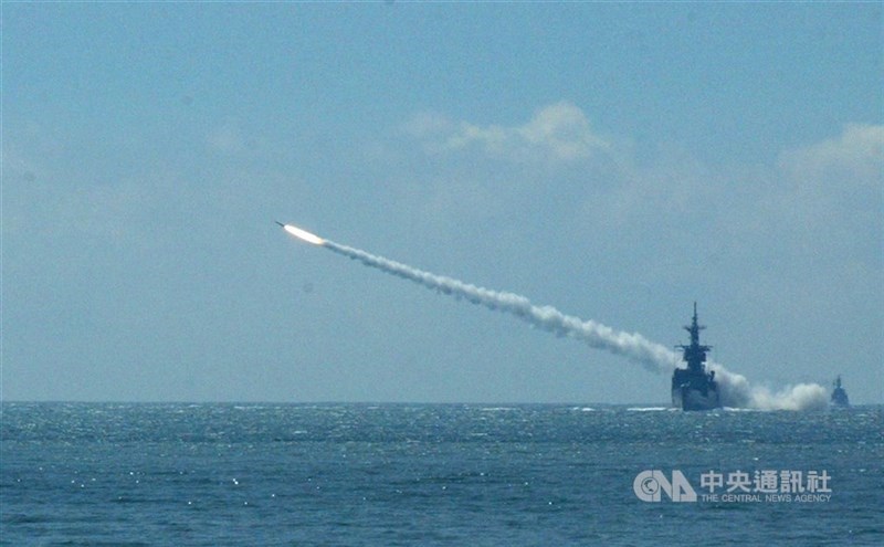 A Chih Yang-class frigate fires a harpoon missile during this year's Han Kuang military exercises. CNA file photo