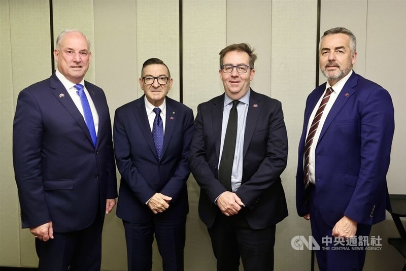 Australian lawmaker Richard Colbeck (left) poses for a photo with his counterparts Steve Georganas, James McGrath and Darren Chester during their visit to Taiwan. CNA photo Oct. 20, 2025