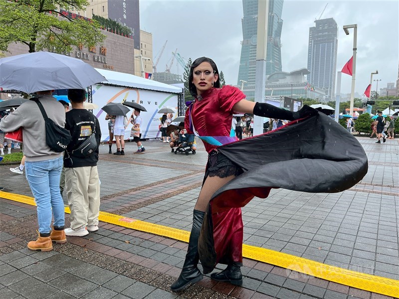 Lady Gagita, a drag queen from the Philippines, dresses as Lady Gaga while taking part in her first Taiwan Pride in Taipei on Saturday. CNA photo Oct. 25, 2025