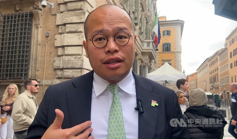 Sebastien Lai, son of the former Hong Kong media mogul Jimmy Lai, speaks to the media in Italy on Monday. CNA photo Oct. 27