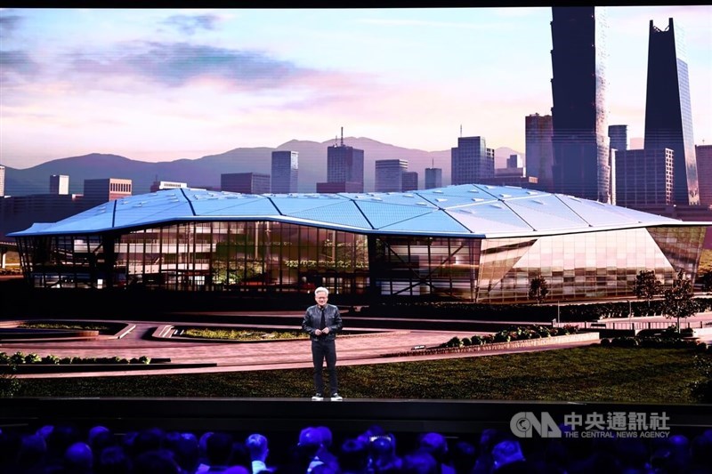 Nvidia founder and CEO Jensen Huang shares his vision for NVIDIA’s new headquarters, NVIDIA Constellation, in Taipei on May 19. CNA file photo