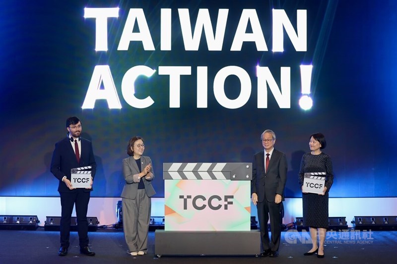 Minister of Culture Li Yuan (second right), Taiwan Creative Content Agency Chair Sue Wang (second left), and President Erica Wang (right) attend the opening ceremony of the 2025 Taiwan Creative Content Fest in Taipei on Tuesday. CNA photo Nov. 4, 2025