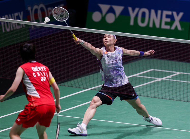 Tai hits the shuttle against China’s Chen Yufei during a match at the Malaysia Open on Jan. 13, 2024. Photo courtesy of Badminton Photo