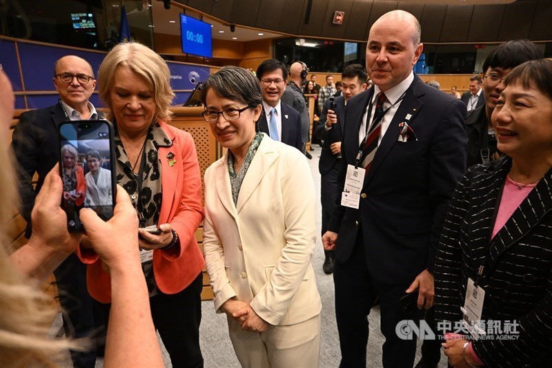Vice President Hsiao Bi-khim (center, wearing a white suit) poses for a photo during the 2025 IPAC summit in Brussels on Nov. 7. CNA file photo