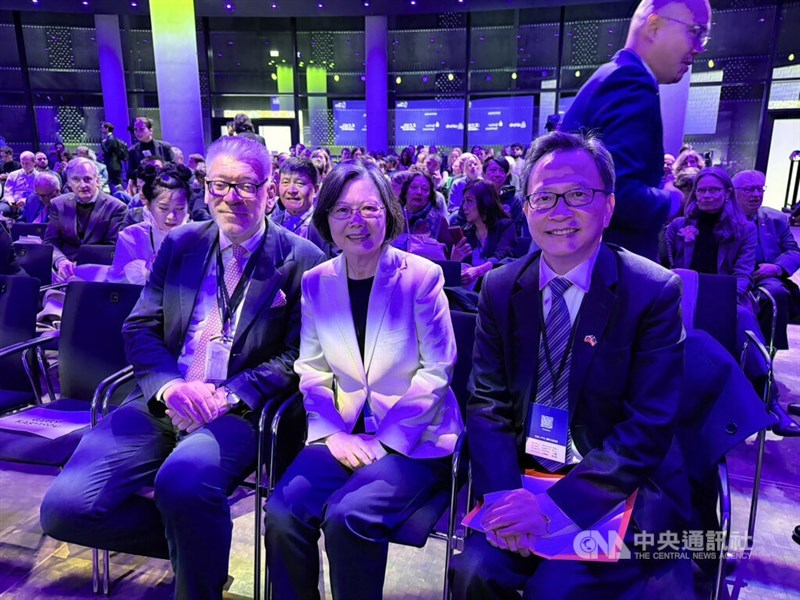 Former President Tsai Ing-wen (seated front, center) is joined by Taiwan’s representative to Germany, Gu Ruey-sheng (right), at the Berlin event. CNA photo Nov. 11, 2025