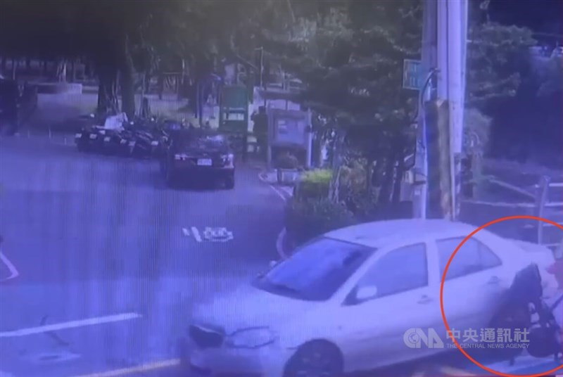 A Toyota sedan drives through a crosswalk on Sunday and strikes the front end of a stroller, throttling it 45 degrees to the side, and then continues on its way. Photo courtesy of local authorities