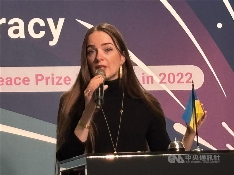 2022 Nobel Peace Laureate Oleksandra Matviichuk speaks at a Taipei forum on Wednesday. CNA photo Nov. 19, 2025