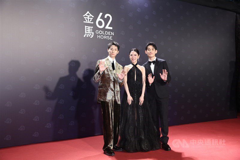 The red carpet hosts of the 62nd Golden Horse Awards ceremony. CNA photo Nov. 22, 2025