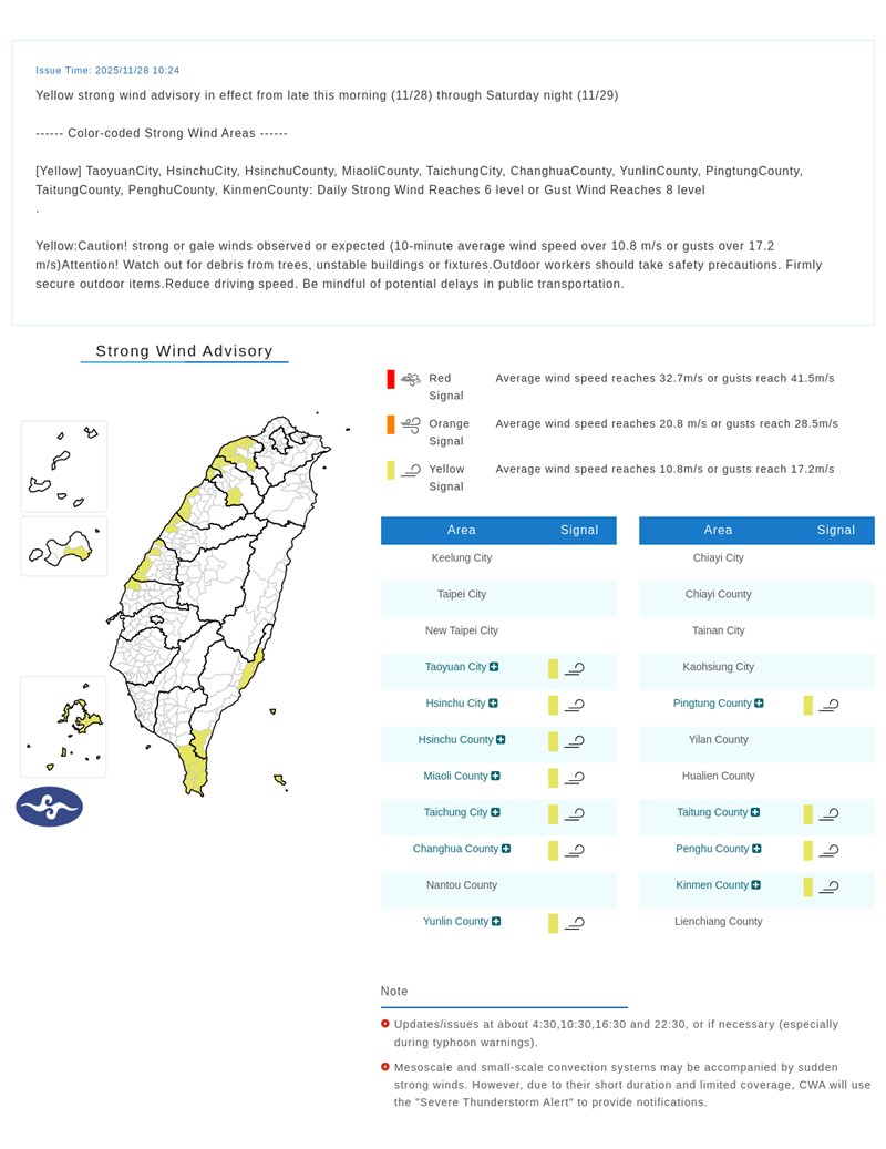 Strong Wind Advisory graphic from the CWA